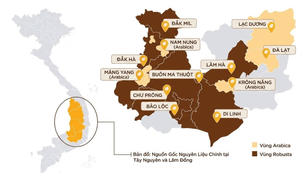 Bản đồ vùng nguyên liệu cà phê Việt Nam